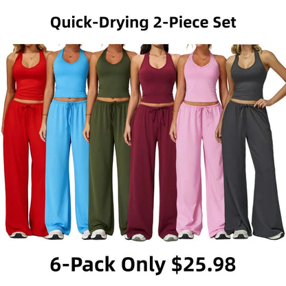 Women's Quick-Drying Athleisure Outfits - Adjustable V-Neck Strappy Top & Wide Leg Pants