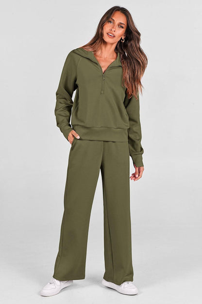 Women's Outfits Casual Lapel Half Zip Sweatshirts And Wide Leg Pants Tracksuit Sets