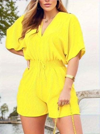 Women's Plain Drawstring Shirred Waist Fitted V Neck Romper