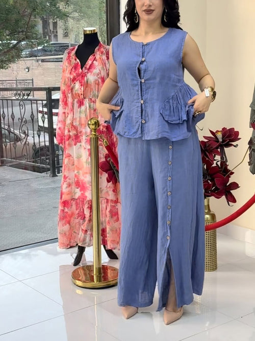 Cotton And Linen Casual Top & Pants Set