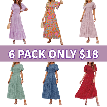 Floral Print Short Flutter Sleeve Crew Neck High Waist Flowy Maxi Dress