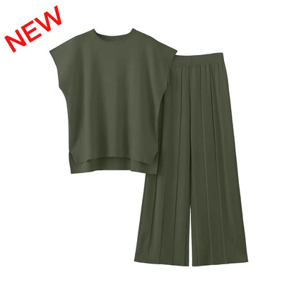 Women Two Piece Outfits Knit Cap Sleeve Tops Wide Leg Pleated Pants