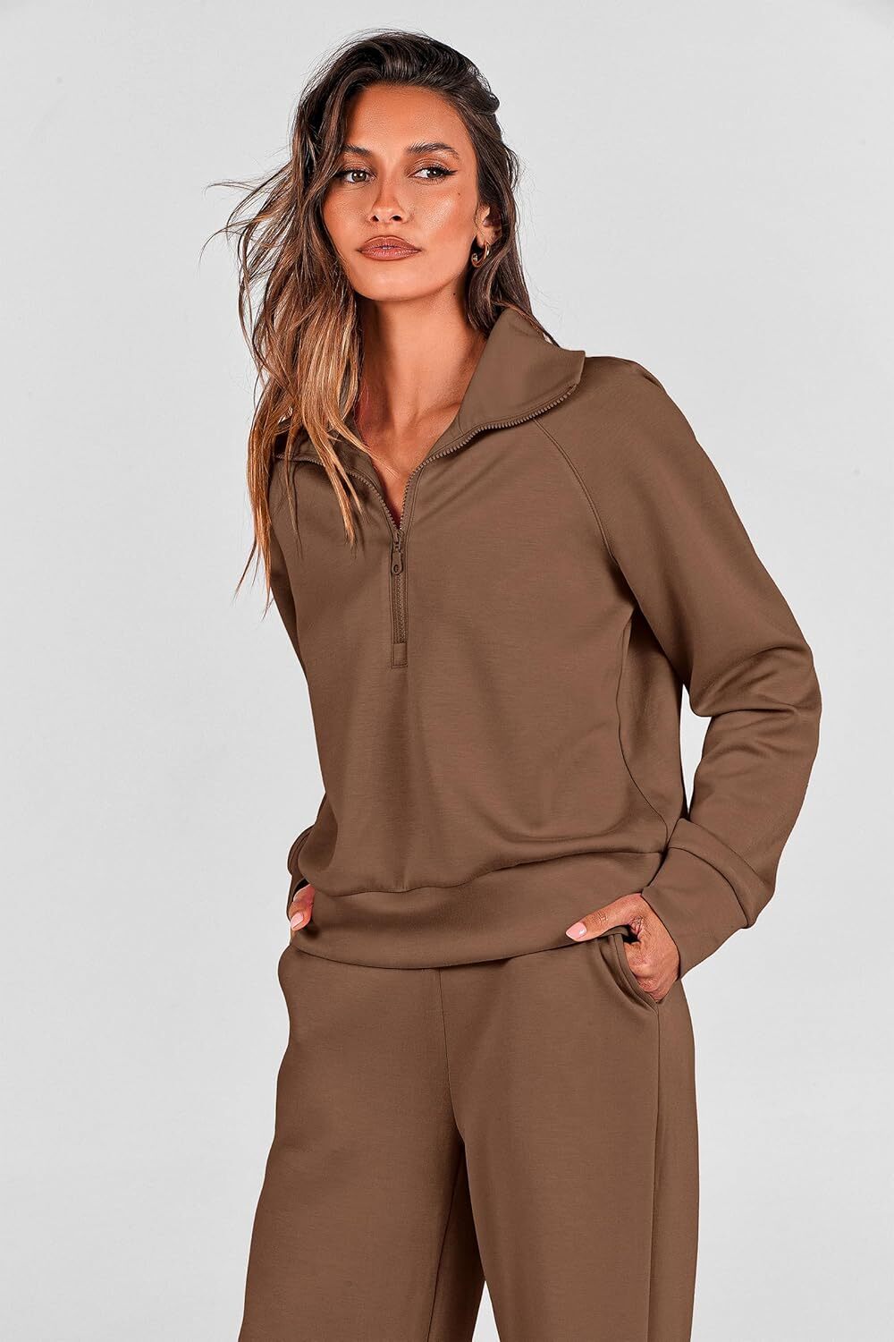 Women's Outfits Casual Lapel Half Zip Sweatshirts And Wide Leg Pants Tracksuit Sets