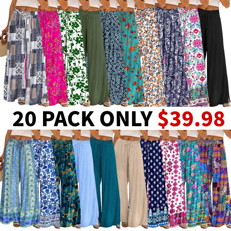Women Summer Flowy Wide Leg Pants Drawstring Elastic Waist Casual Lounge Beach Palazzo Trouser with Pockets