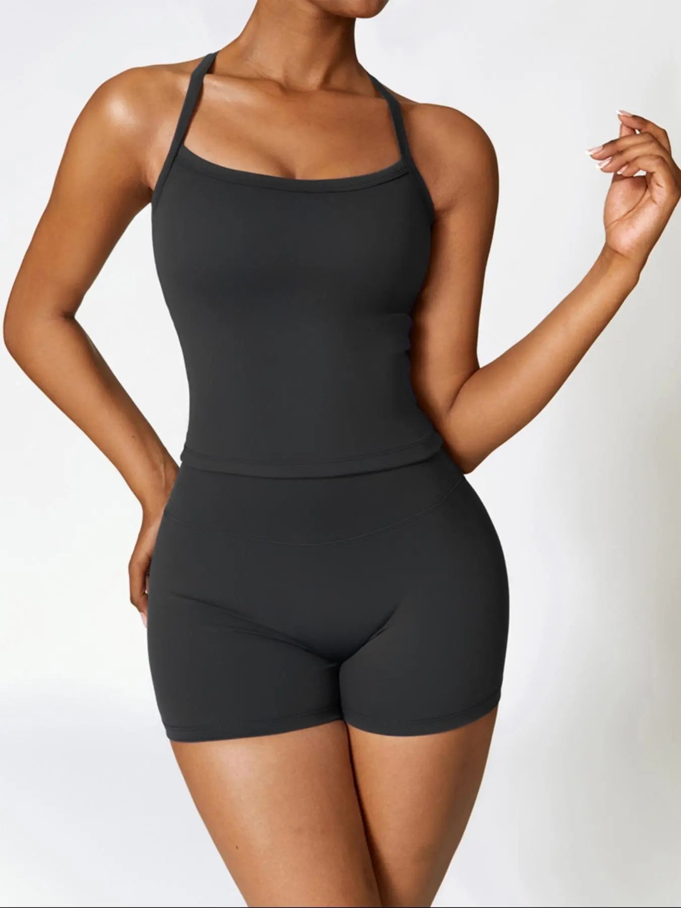 Two-piece Solid Backless Cami Top & High Waist Shorts Set