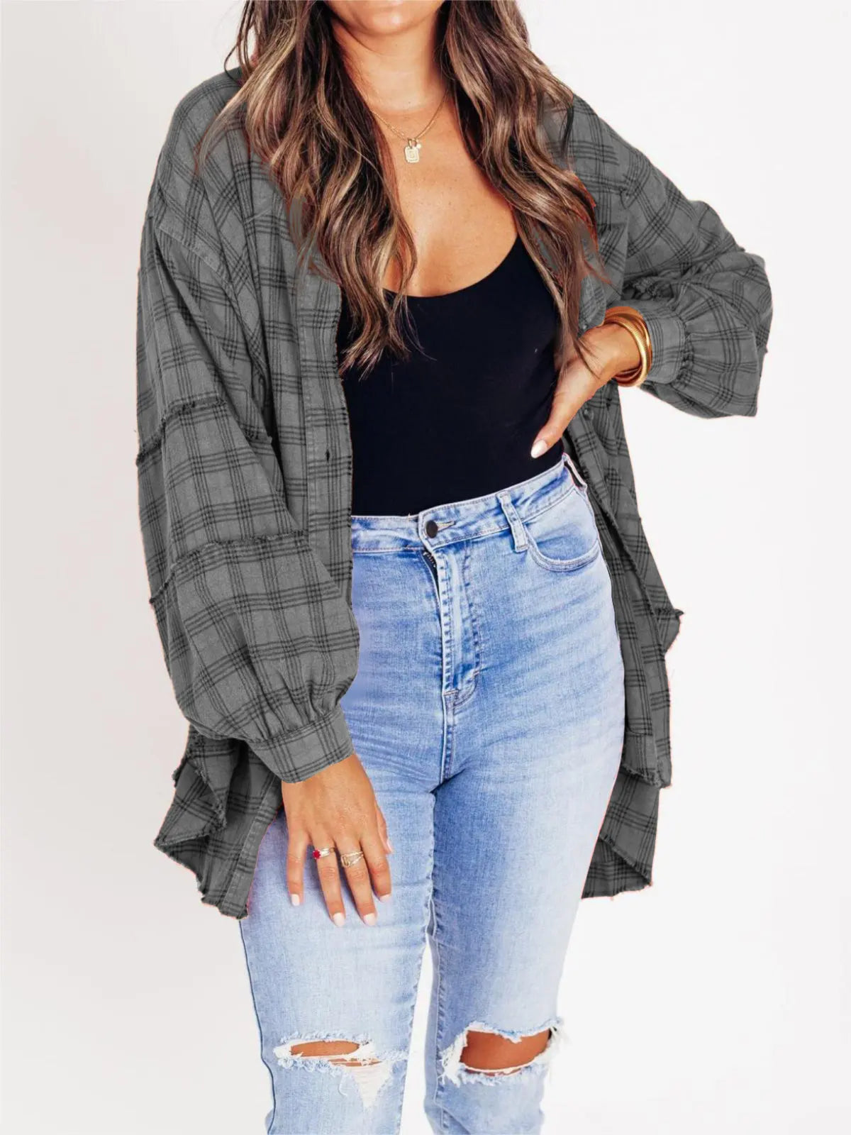 ⏰Hot Sale-Women's Seams Raw Edge Washed Oversized Shirt Jacket with Pockets 🔥New arrivals at special price🔥