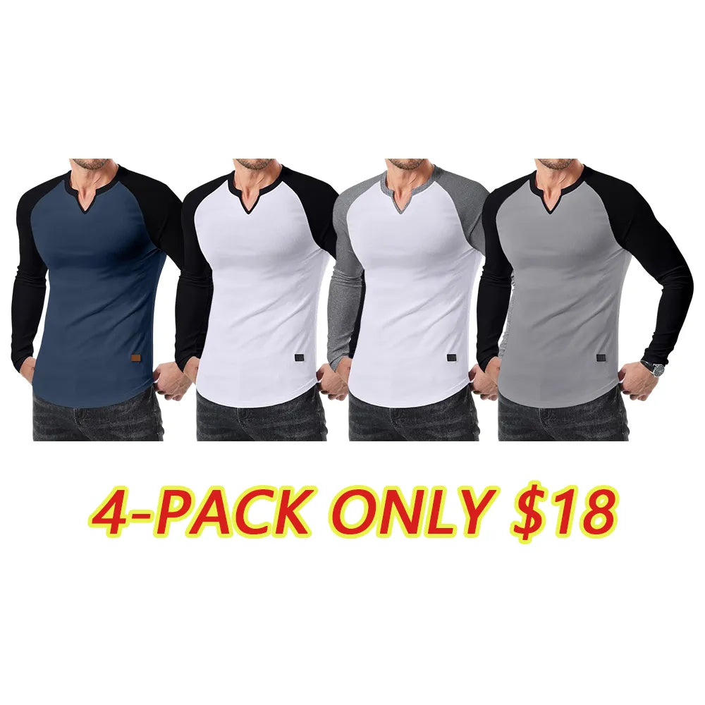 Mens Long Sleeve Muscle T Shirts Casual V-Neck Longline Ribbed Tee Shirts