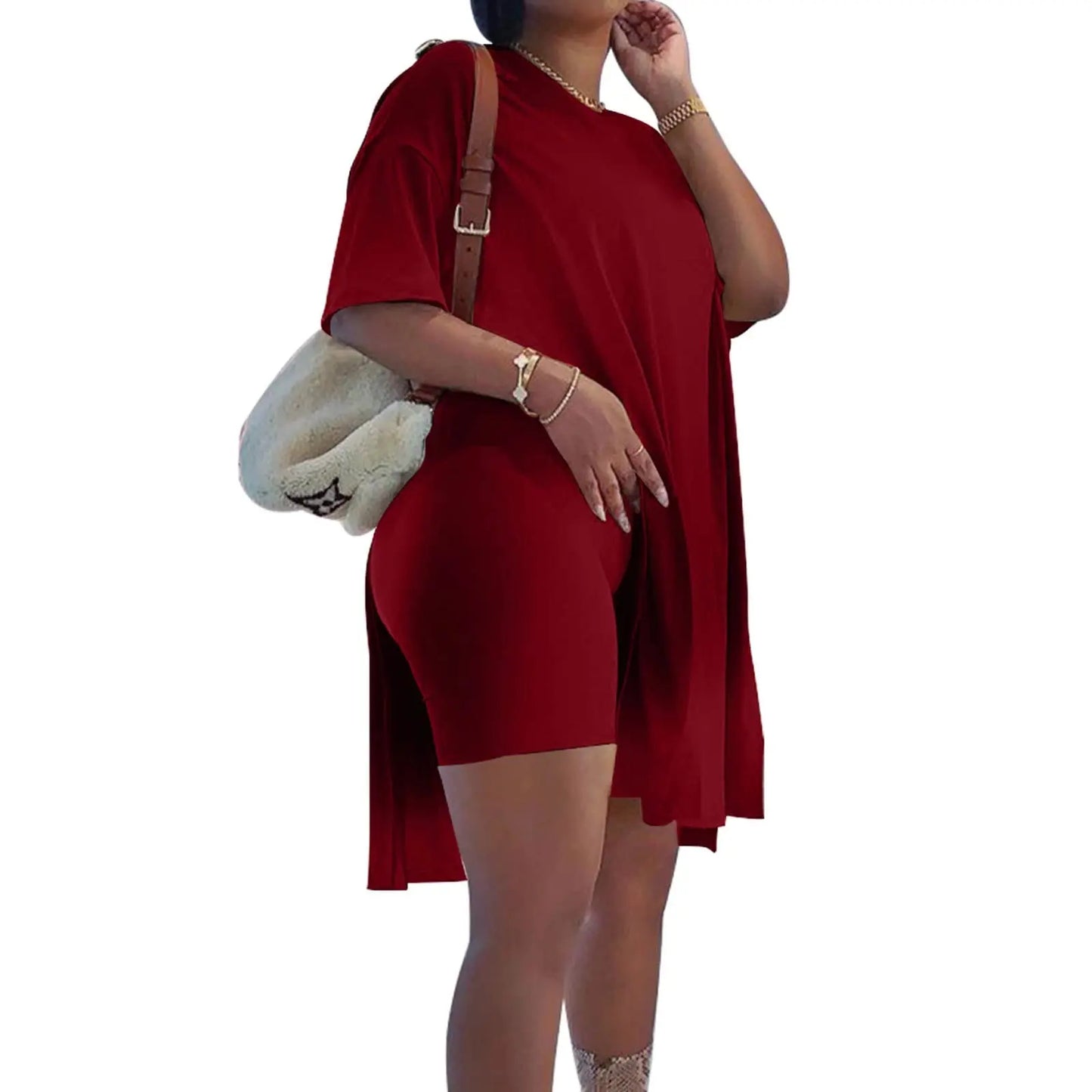 Plus Size Summer Outfit Side Slit Tunic Top & Biker Shorts Set