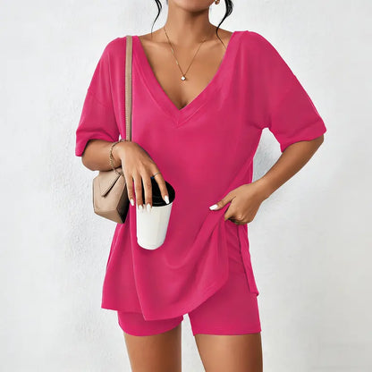V-neck Two-Piece Pajama Set For Women Summer Casual Oversized Split Hem Shirts
