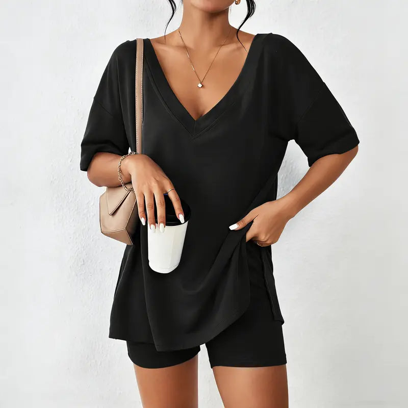 V-neck Two-Piece Pajama Set For Women Summer Casual Oversized Split Hem Shirts