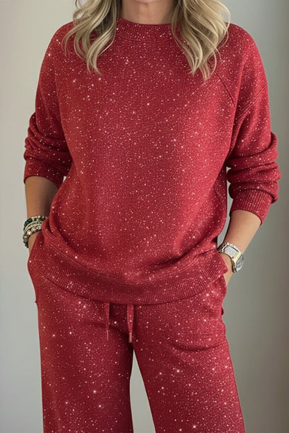 Women Round Neck Hot Diamond Flash Solid Color Casual Suit