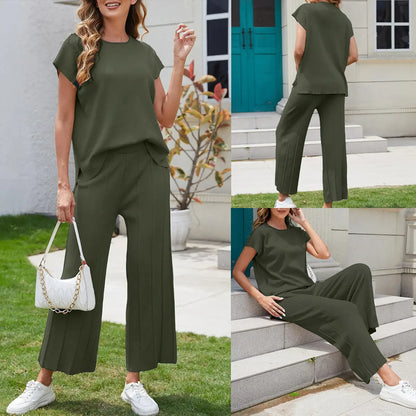 Women Two Piece Outfits Knit Cap Sleeve Tops Wide Leg Pleated Pants