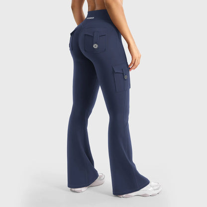Women's Workout Flare Leggings with Pockets Hidden Scrunch High Waisted Cargo Gym Yoga No Front Seam Leggings Flared Joggers Fitness Outfit Camouflage Sports Pants