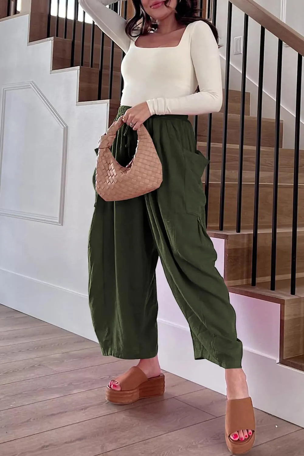 Women's Linen Wide Leg Pants Casual Loose Drawstring Low Waist with Pockets