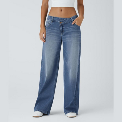 💘 Valentine’s Day Sale 💘 Flex Low-Rise Asymmetric Baggy Wide-Leg Washed Jeans with Zipper Pockets