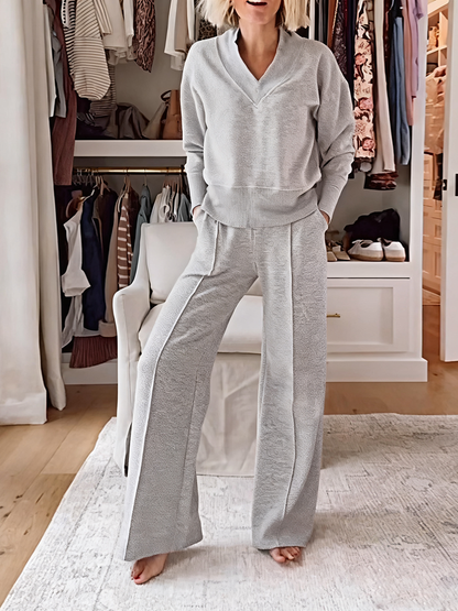 Solid Color Casual Large V-Neck Top & Pants Set