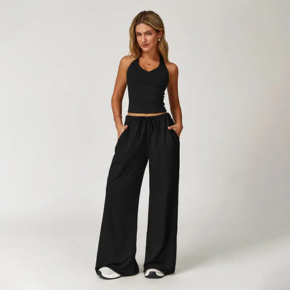 Women's Quick-Drying Athleisure Outfits - Adjustable V-Neck Strappy Top & Wide Leg Pants