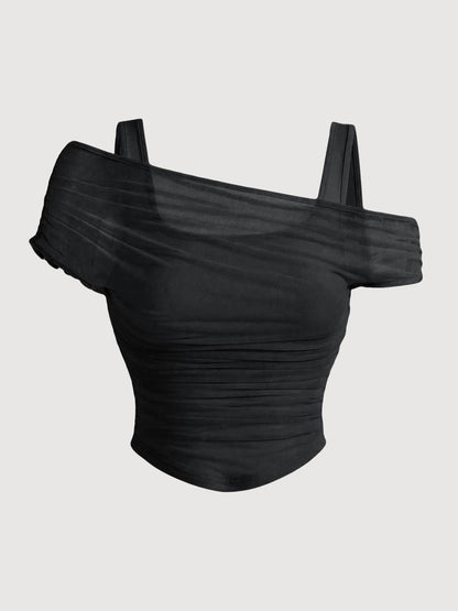 Women's Asymmetric Neckline Ruched Crop Top