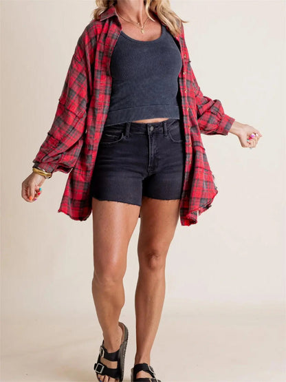 ⏰Hot Sale-Women's Seams Raw Edge Washed Oversized Shirt Jacket with Pockets 🔥New arrivals at special price🔥