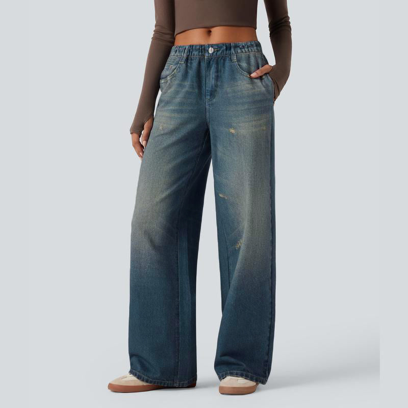 Mid Rise Denim Print French Terry Casual Sweatpants Jeans with Pockets