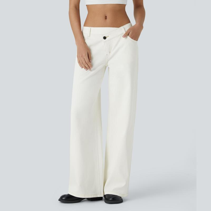 💘 Valentine’s Day Sale 💘 Flex Low-Rise Asymmetric Baggy Wide-Leg Washed Jeans with Zipper Pockets
