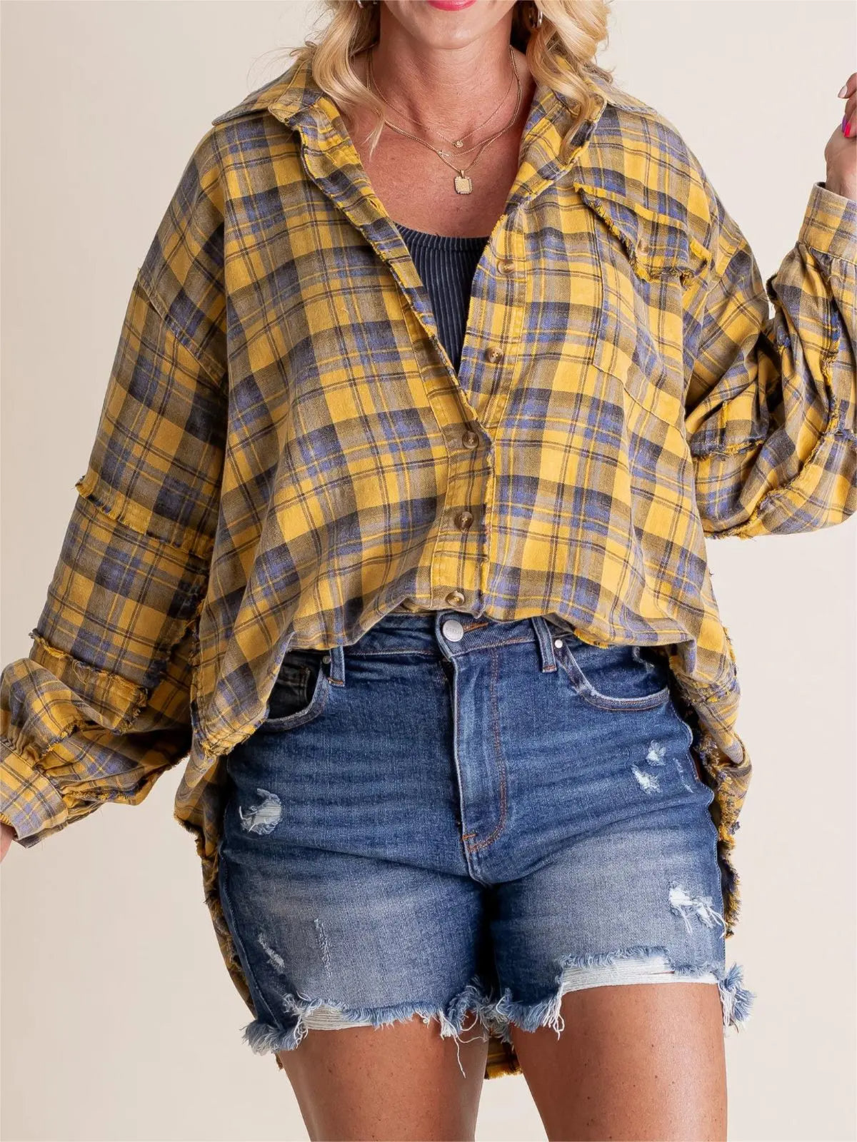 ⏰Hot Sale-Women's Seams Raw Edge Washed Oversized Shirt Jacket with Pockets 🔥New arrivals at special price🔥
