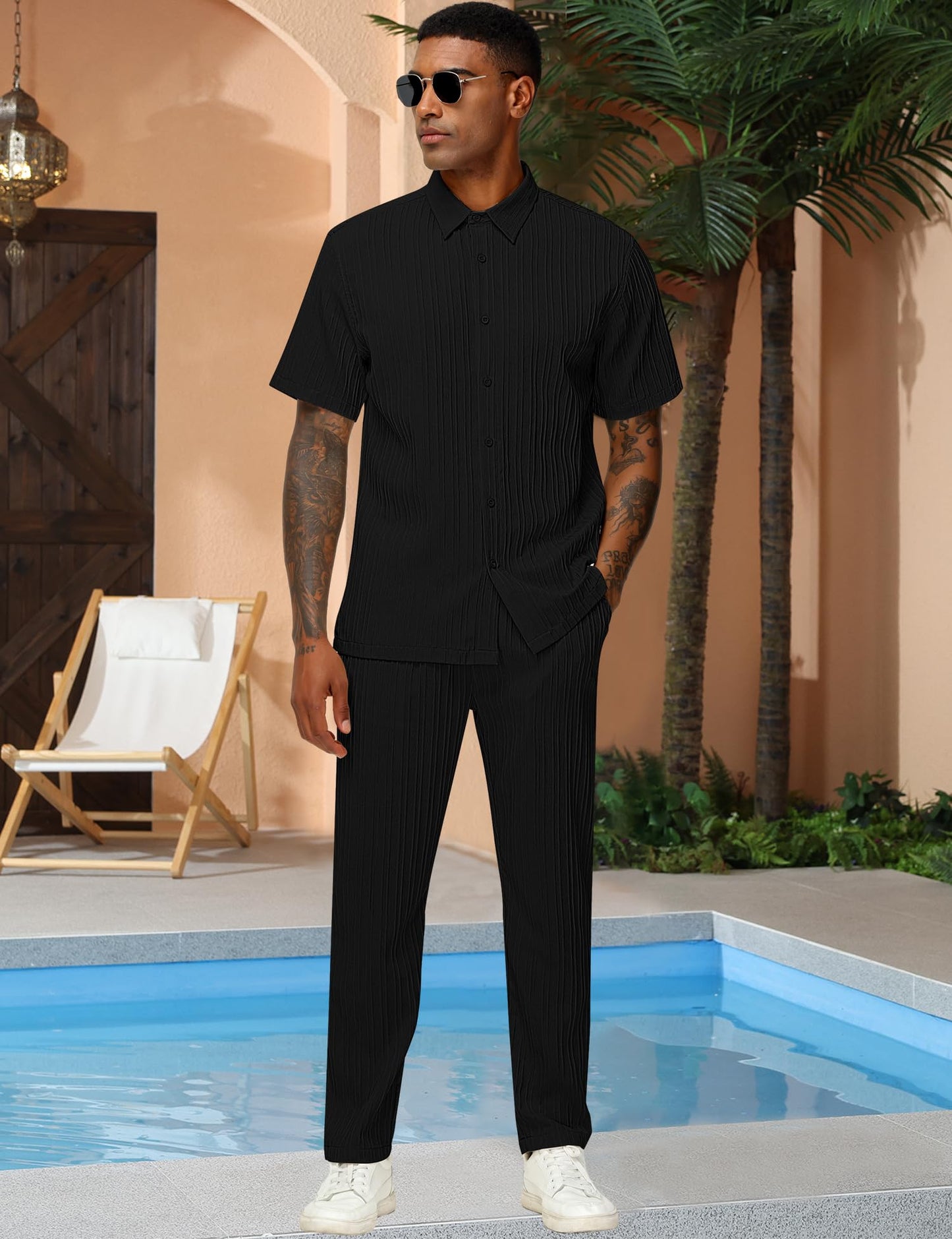 Men's Plain Textured Two-piece Set