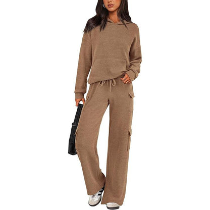 Women's Navy Blue Knitted Sets Hoodie & Wide Leg Pants with Pockets Drawstring Long Sleeve Loungewear Tracksuits Basic Fitted Clothes