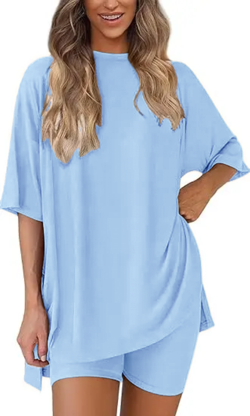 🔥Women's Two Piece Lounge Set Summer Casual Oversized Shirts Biker Shorts Matching Airport Travel Outfit
