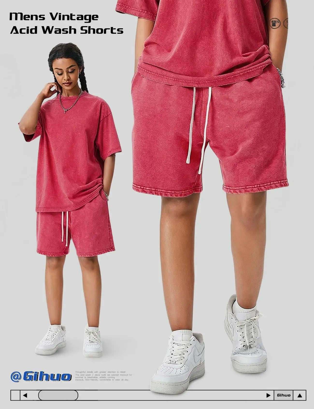 Unisex Cotton Athletic Vintage Acid Wash Elastic Waist Sweat Shorts