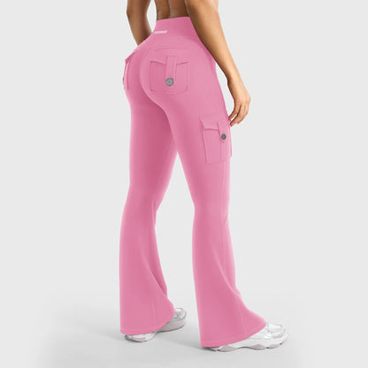 Women's Workout Flare Leggings with Pockets Hidden Scrunch High Waisted Cargo Gym Yoga No Front Seam Leggings Flared Joggers Fitness Outfit Camouflage Sports Pants