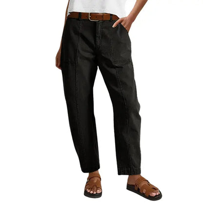 Solid Stitch Detail Mid Waist Baby Barrel Fit Deep Pockets Pants