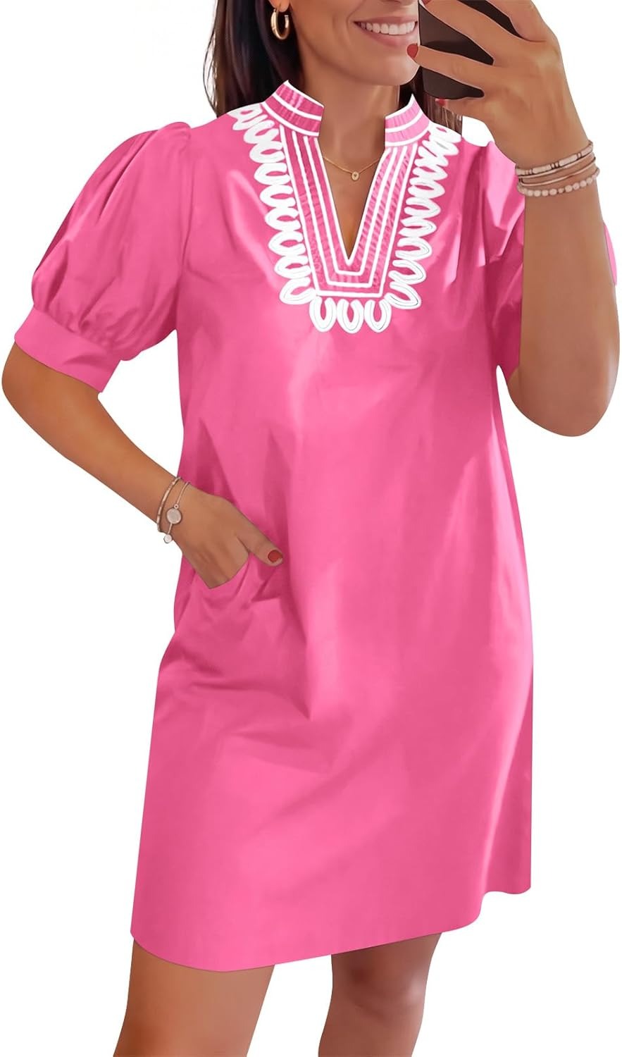 Womens Summer V Neck Shift Dresses Puff Short Sleeve Casual Dress