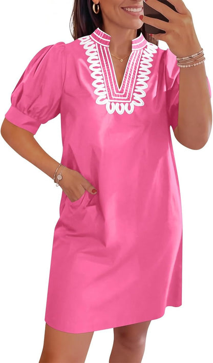 Womens Summer V Neck Shift Dresses Puff Short Sleeve Casual Dress