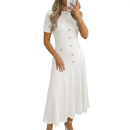 Womens Midi Dress Summer Casual Short Sleeve Crewneck Button Decor