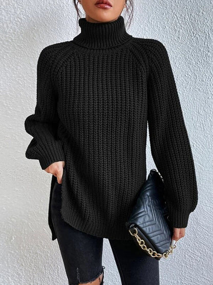 💥Last day only $37.99📢 Long Sleeves Loose Solid Color Split-Side High Neck Pullovers Sweater Tops