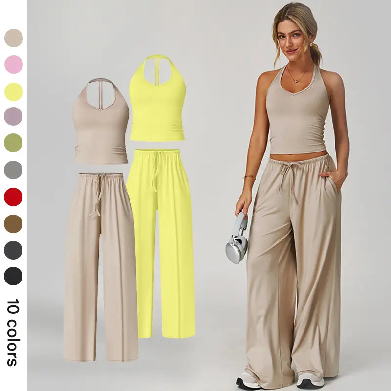 Women's Quick-Drying Athleisure Outfits - Adjustable V-Neck Strappy Top & Wide Leg Pants