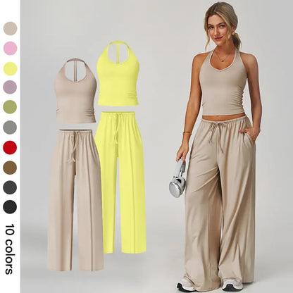 Women's Quick-Drying Athleisure Outfits - Adjustable V-Neck Strappy Top & Wide Leg Pants