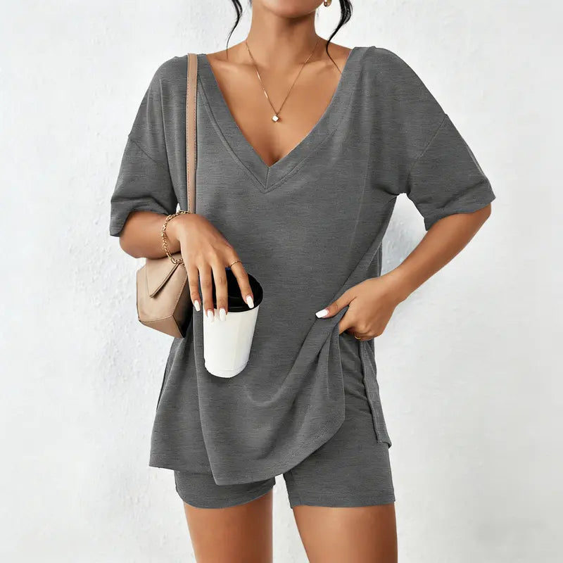 V-neck Two-Piece Pajama Set For Women Summer Casual Oversized Split Hem Shirts