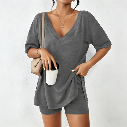 V-neck Two-Piece Pajama Set For Women Summer Casual Oversized Split Hem Shirts
