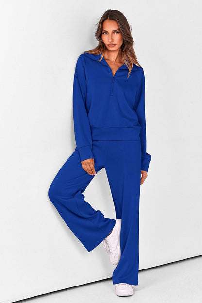 Women's Outfits Casual Lapel Half Zip Sweatshirts And Wide Leg Pants Tracksuit Sets