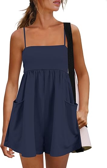 Women's Summer Strappy Romper Square Casual Oversized Workout Athletic Romper Neck Backless