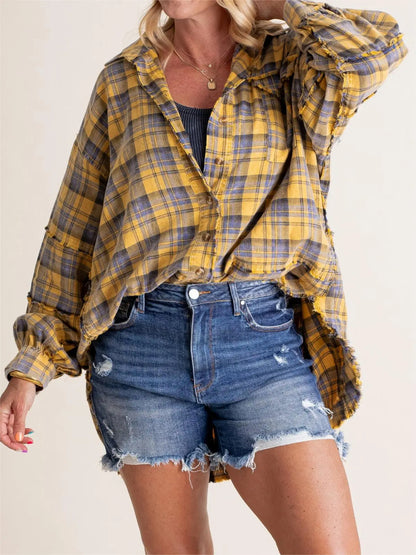 ⏰Hot Sale-Women's Seams Raw Edge Washed Oversized Shirt Jacket with Pockets 🔥New arrivals at special price🔥