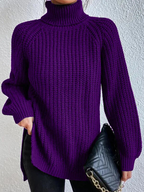 💥Last day only $37.99📢 Long Sleeves Loose Solid Color Split-Side High Neck Pullovers Sweater Tops