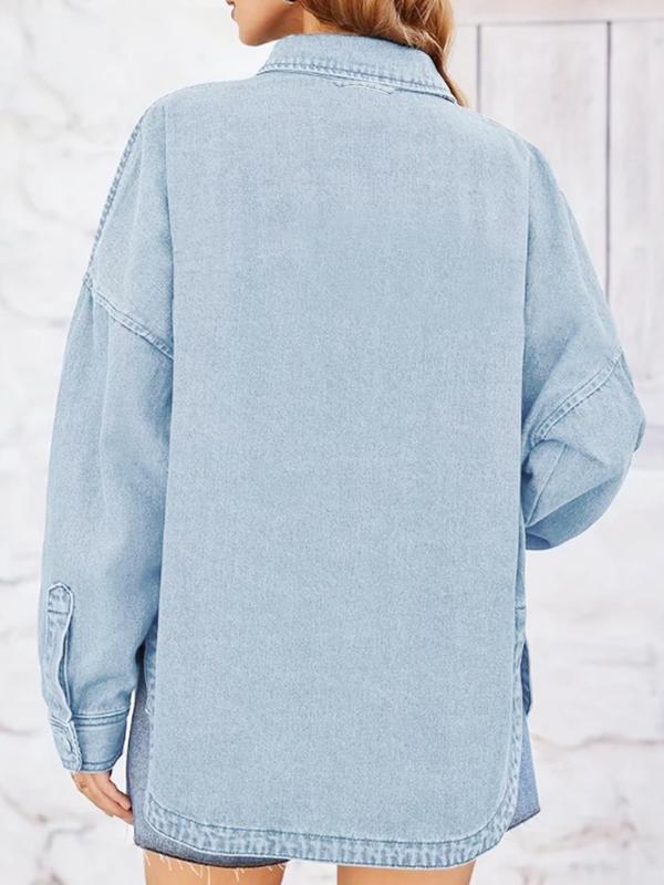 Women's Plain Button Front Drop Shoulder Curved Hem Denim Jacket