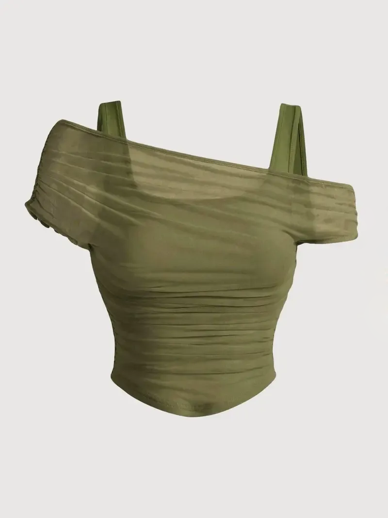 Women's Asymmetric Neckline Ruched Crop Top
