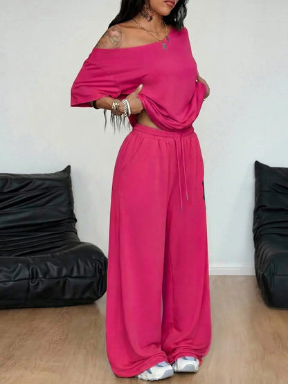 Loose Baggy Off Shoulder T-Shirt And Wide Leg Pants Two Pieces Outfits
