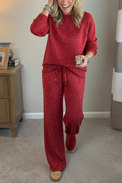 Women Round Neck Hot Diamond Flash Solid Color Casual Suit