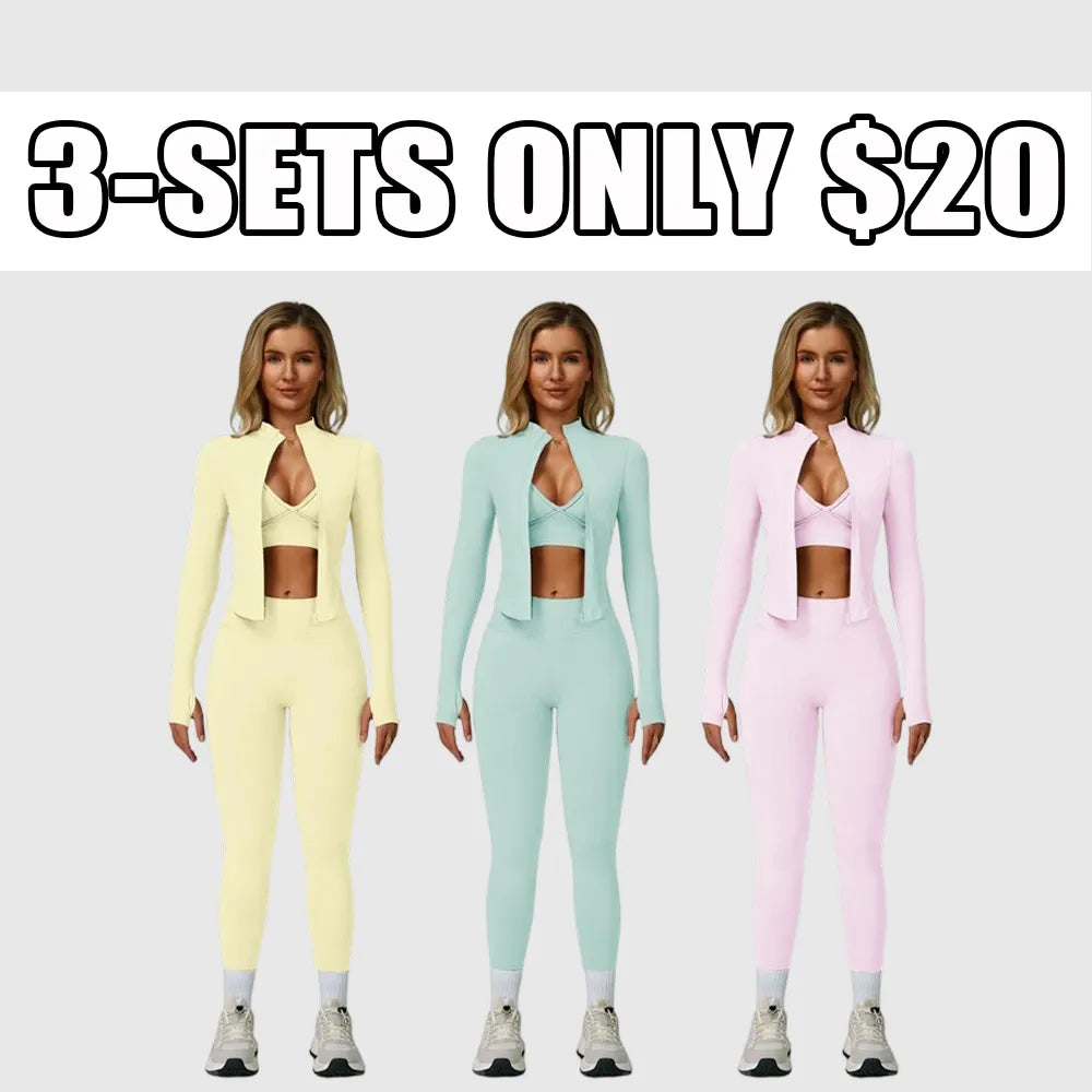 Women's Solid Criss Cross Crop Tank Top & High Waist Leggings & Zip Up Crop Jacket Tracksuit Set