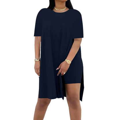 Plus Size Summer Outfit Side Slit Tunic Top & Biker Shorts Set